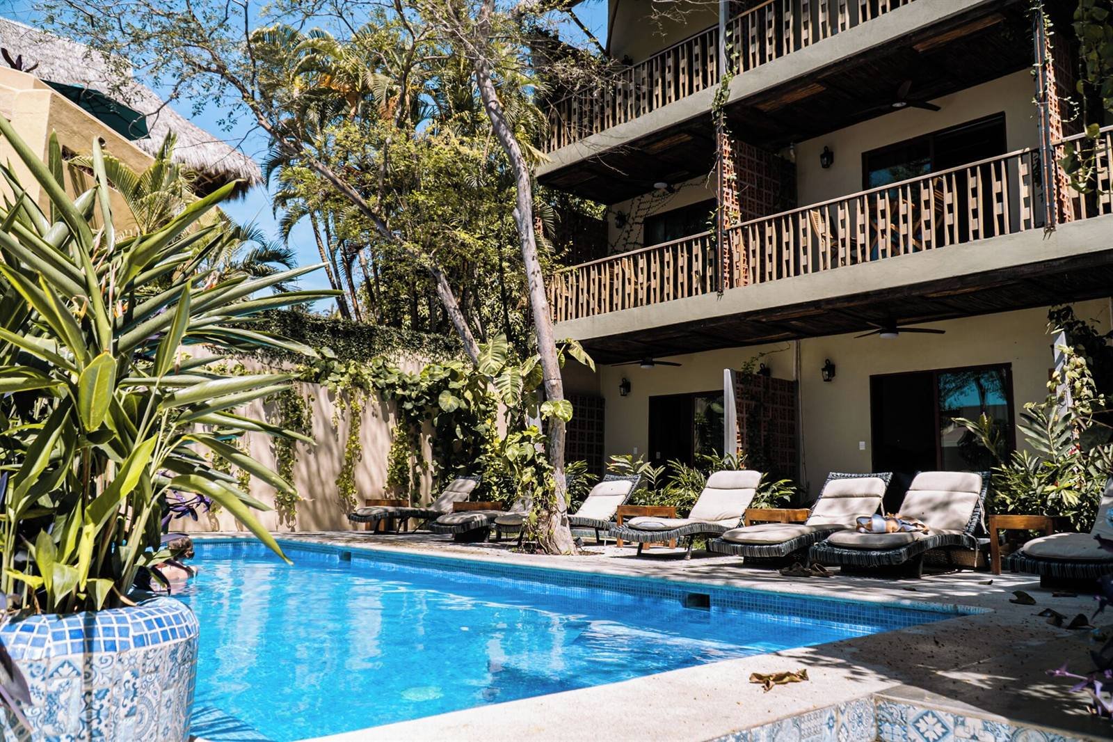 Hotel de Asis: pool deck with loungers next to the rooms